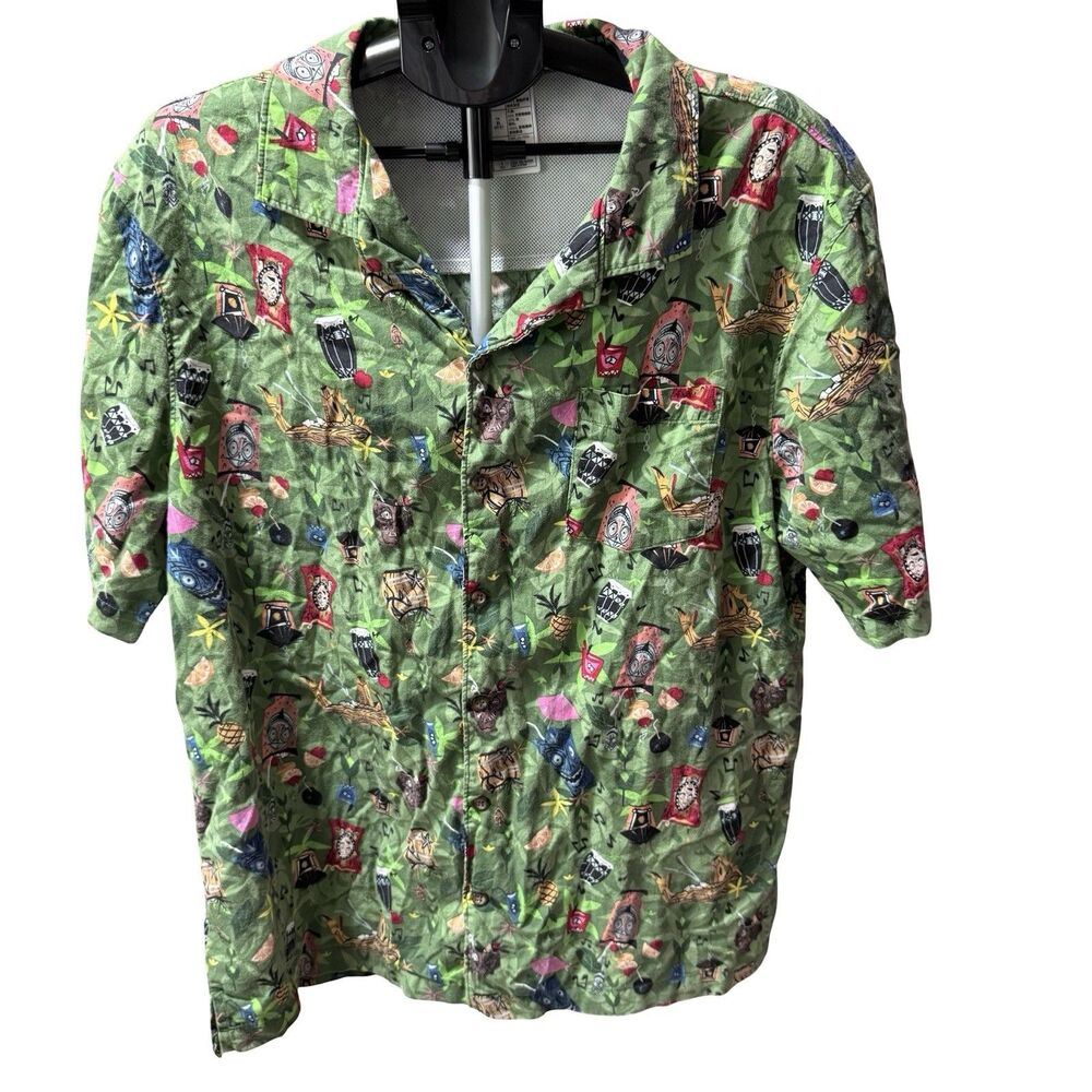 Disney Parks Enchanted Tiki Room Hawaiian Camp Shirt Green Aloha Men’s Large